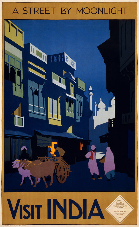 Visit India, A Street By Moonlight, Travel Poster, Ca
