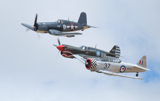 F4u Corsair And P 40 Kittyhawk And Harvard In Formation Flight