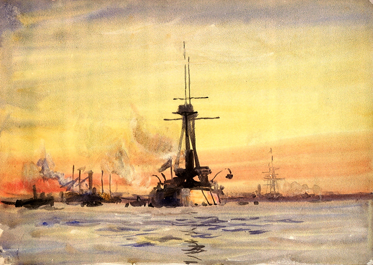 A Battleship And Other Vessels At Sunset, Probably At Portsmouth Rmg Pu9998